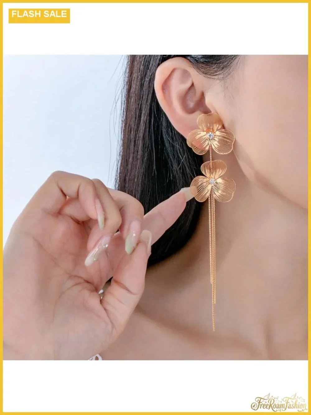 Flower Drop Tassel Earrings Metal Double Flower Long Dangle Statement Prom